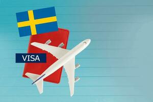 Zweden Visa en paspoort met vliegtuig en vlag Aan wit achtergrond met kopiëren ruimte. foto
