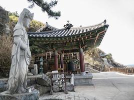 boeddhabeeld en koreaans traditioneel huis erachter in naksansa-tempel, zuid-korea
