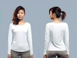 vrouw vervelend een wit t-shirt met lang mouwen. voorkant en terug visie. ai gegenereerd foto