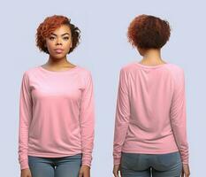 vrouw vervelend een roze t-shirt met lang mouwen. voorkant en terug visie foto