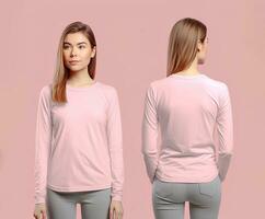 vrouw vervelend een roze t-shirt met lang mouwen. voorkant en terug visie foto