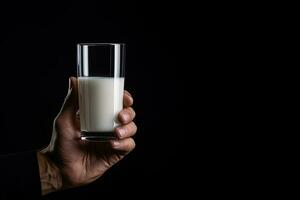 hand- Holding een glas van vers melk geïsoleerd Aan zwart achtergrond met kopiëren ruimte. ai gegenereerd foto