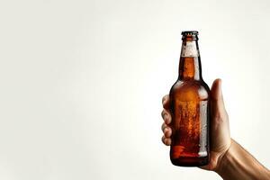 een mannetje hand- Holding omhoog een fles van bier geïsoleerd Aan een wit achtergrond met kopiëren ruimte. ai gegenereerd foto
