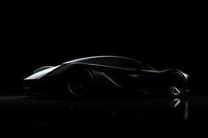 kant visie donker silhouet van een modern sport zwart auto geïsoleerd Aan zwart achtergrond. ai gegenereerd foto