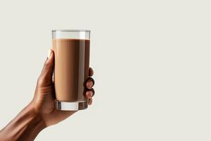 hand- Holding een glas van heerlijk chocola melk geïsoleerd Aan wit achtergrond met kopiëren ruimte. ai gegenereerd foto