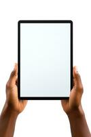 hand- Holding tablet met mockup blanco scherm geïsoleerd Aan wit achtergrond. ai gegenereerd foto