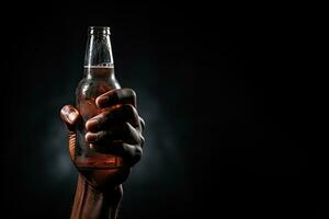 een mannetje hand- Holding omhoog een fles van bier geïsoleerd Aan een zwart achtergrond met kopiëren ruimte. ai gegenereerd foto