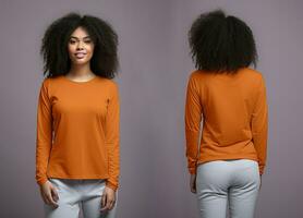 vrouw vervelend een oranje t-shirt met lang mouwen. voorkant en terug visie. ai gegenereerd foto