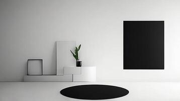 minimalistisch leven kamer interieur met wit muren, beton vloer, zwart sofa en ronde koffie tafel. 3d renderen bespotten omhoog ai generatief foto