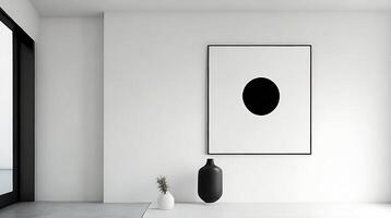 minimalistisch leven kamer interieur met wit muren, beton vloer, zwart sofa en ronde koffie tafel. 3d renderen bespotten omhoog ai generatief foto