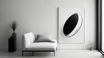 minimalistisch leven kamer interieur met wit muren, beton vloer, zwart sofa en ronde koffie tafel. 3d renderen bespotten omhoog ai generatief foto