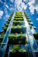 milieuvriendelijk gebouw in de modern stad. duurzame glas kantoor gebouw met boom voor verminderen koolstof dioxide. kantoor gebouw met groen omgeving. zakelijke gebouw verminderen co2. generatief ai foto