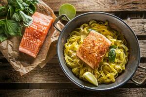 geroosterd Zalm filet met pasta tagliatelle citroen en basilicum. foto