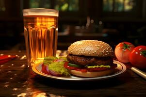 een hamburger Aan bord met cola drinken foto