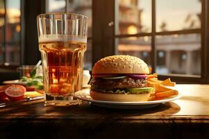 een hamburger Aan bord met cola drinken foto