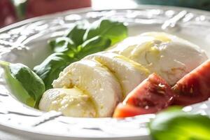 Mozzarella kaas tomaten basilicum en olijf- olie. caprese salade - Italiaans of middellandse Zee maaltijd of voorafje foto