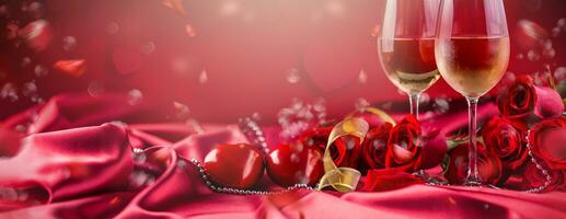 valentijnsdag of bruiloft concept. wijn cups rood rozen en romantisch instelling voor twee in rood. groet kaart voor jubileum of verjaardag foto