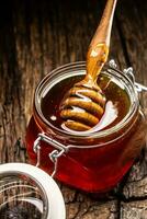 pot van honing met beer Aan houten tafel - detailopname foto