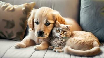 gouden retriever puppy knuffelen met schattig kat pot Aan een knus bank. ai generatief. foto