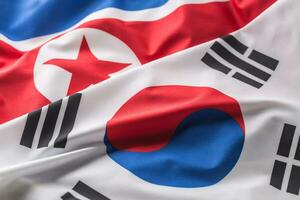 noorden en zuiden Korea vlag. kleurrijk zuiden en noorden Korea vlag golvend in de wind foto