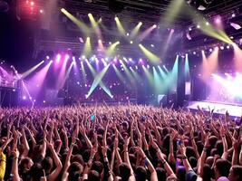 menigte Bij een concert met handen omhoog. tafereel stadium lichten, rots festival. foto