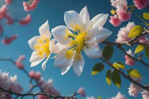 kers bloesem sakura bloem Aan blauw lucht achtergrond, ai generatief foto