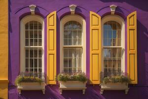 kleurrijk ramen van een typisch huis in de stad, ai generatief foto
