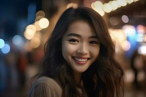 jong Aziatisch Dames glimlachen op zoek Bij camera foto