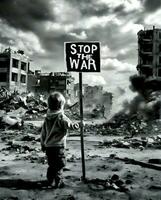 kind Holding een teken hou op oorlog in vernietigd gebombardeerd stad foto
