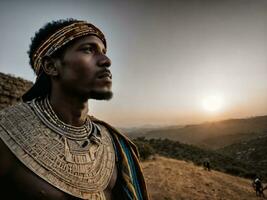 foto van Afrikaanse Mens tribal krijgers met schild, generatief ai