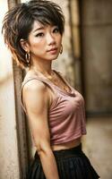 foto van tiener- speels Aziatisch vrouw met accessoires en harder kapsel, generatief ai