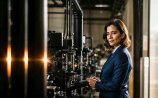 foto van werken ondernemer vrouw Bij fabriek met machine en arbeider, generatief ai