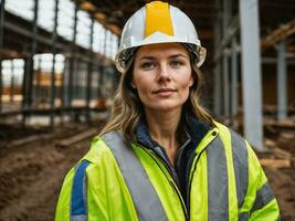 foto van vrouw net zo een bouw arbeider met helm, generatief ai