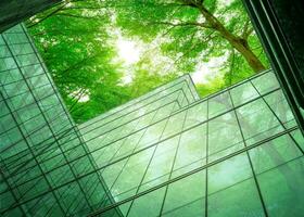 milieuvriendelijk gebouw in de moderne stad. duurzaam glazen kantoorgebouw met boom voor het verminderen van warmte en kooldioxide. kantoorgebouw met groene omgeving. bedrijfsgebouw verminderen co2. foto