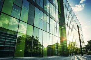 milieuvriendelijk gebouw in de modern stad. duurzame glas kantoor gebouw met boom voor verminderen koolstof dioxide. kantoor gebouw met groen omgeving. zakelijke gebouw verminderen co2. generatief ai. foto