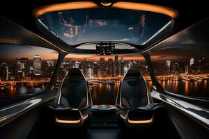 lucht taxi en stad visie Bij nacht. lucht voertuig. persoonlijk lucht vervoer. autonoom antenne taxi. vliegend auto. stedelijk luchtvaart. futuristische technologie. elektrisch vtol passagier vliegtuigen. generatief ai. foto