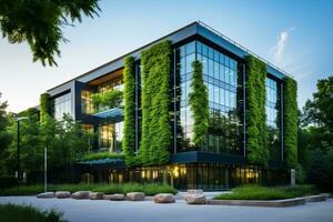 milieuvriendelijk gebouw in de modern stad. duurzame glas kantoor gebouw met boom voor verminderen koolstof dioxide. kantoor gebouw met groen omgeving. zakelijke gebouw verminderen co2. generatief ai. foto