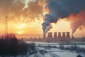 industrieel fabriek hoog schoorstenen vrijgelaten rokerig uitstoot van rook pijpen. co2 kas gas, verslechterend lucht kwaliteit, lucht vervuiling, en klimaat Wijzigen. koolstof dioxide gas. generatief ai. foto