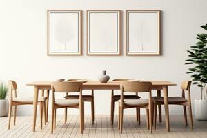 de interieur van een modern keuken en leven kamer met een dining tafel en kaders Aan de muur. gegenereerd door kunstmatig intelligentie- foto