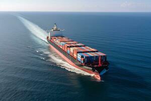 groot vervoer schip geladen met containers met goederen Aan de Open zee generatief ai foto