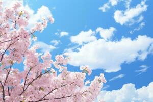 kers bloesems, blauw lucht en wit wolken. ai gegenereerd foto