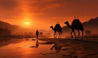 een kameel bestuurder met twee kamelen in de duinen van thar woestijn, generatief ai foto