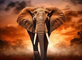 olifant staand in voorkant van intens zonsondergang. generatief ai. foto