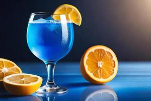 heerlijk cocktail in een glas beker geserveerd met citroen plak Aan blauw achtergrond ai gegenereerd foto