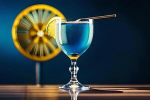 heerlijk cocktail in een glas beker geserveerd met citroen plak Aan blauw achtergrond ai gegenereerd foto