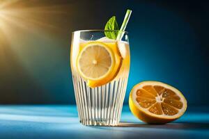 heerlijk cocktail in een glas beker geserveerd met citroen plak Aan blauw achtergrond ai gegenereerd foto