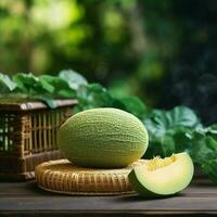 groen kroon muskus meloen Aan wazig groen achtergrond, meloen kroon meloen fruit in bamboe mat Aan houten tafel in tuin generatief ai foto