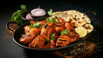 traditioneel bangladesh testy voedsel kip tandoori en tikka met knoflook Naan. foto