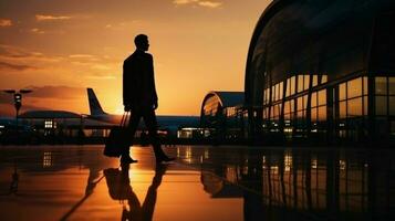 een silhouet van een zakenman draag- een zak terwijl wandelen in een vliegtuig parkeren Oppervlakte gedurende zonsondergang. foto