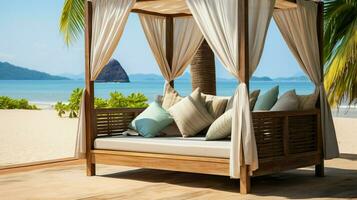 kom tot rust Aan een comfortabel lounge bed met luifel Aan de mooi tropisch strand landschap. foto